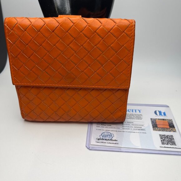 Bottega Veneta Intrecciato Nappa Leather Compact Wallet, Orange - Preowned - Picture 14 of 15
